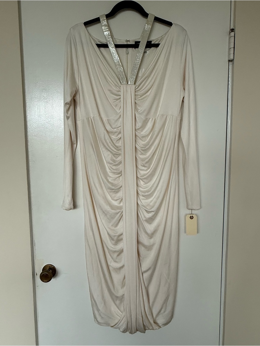 Cream Long-Sleeve Ruched Dress with Metallic Strap Detail